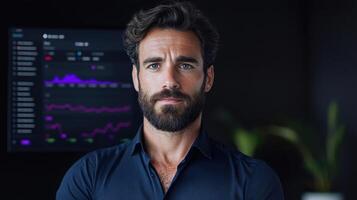 A man with a beard and a blue shirt is standing in front of a monitor photo
