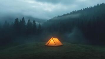 A tent is lit up in the middle of a forest photo