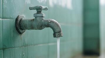 A water faucet is shown with a green wall behind it photo