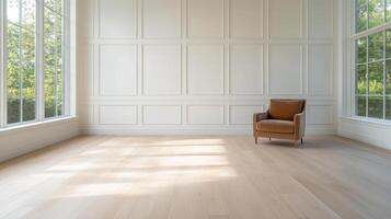 A chair in an empty room with white walls photo