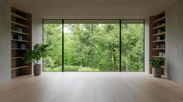 Empty room with bookshelves and windows looking out to the forest photo