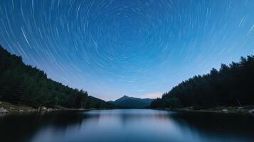 A lake and star trails in the sky photo