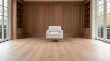 A white chair sits in an empty room photo