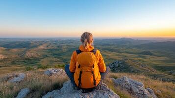 A woman with a backpack sitting on a rock overlooking the mountains photo