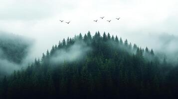 Birds flying over a forest with trees and fog photo