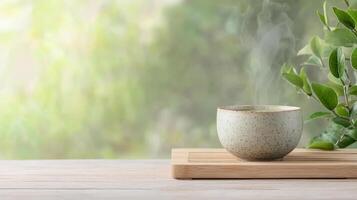 A cup of green tea on a wooden tray with a plant on the background photo