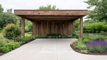 A wooden covered walkway with flowers and plants photo