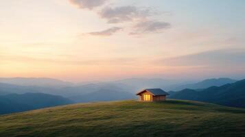A small house on a hill at sunset photo