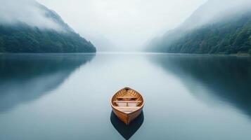 A boat floating in a lake surrounded by mountains photo