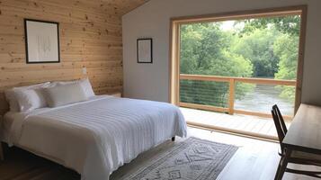 A bedroom with a bed, desk and window overlooking a river photo