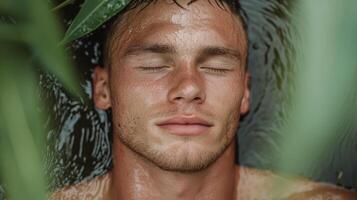 A man is in the water with his eyes closed photo