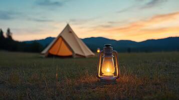 A campfire and a tent in the middle of a field photo
