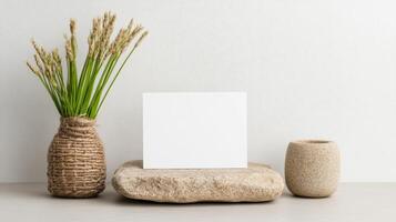 Blank card on stone with plant and vase photo
