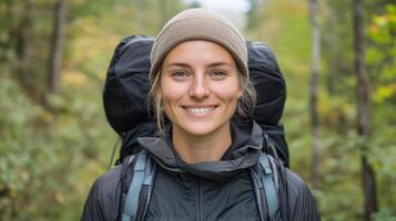 A smiling woman with a backpack in the woods photo
