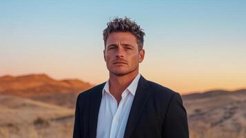 A man in a suit standing in the desert photo