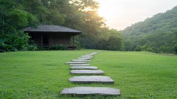 Stepping stones in the garden at sunset photo
