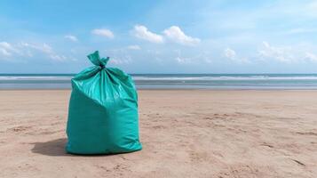 A large green bag sitting on the beach photo