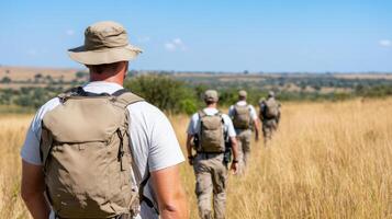 A group of people walking through a field with backpacks photo