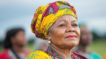 An older woman wearing a colorful head wrap photo