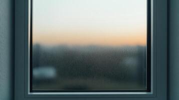 A window with a view of a city at sunset photo