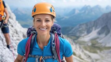 A woman with a helmet and backpack on a mountain photo