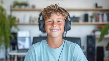 A boy wearing headphones is smiling while sitting at a desk photo