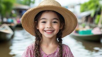 A little girl wearing a straw hat and smiling photo