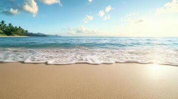 A sandy beach with waves and palm trees photo