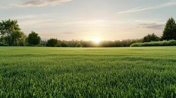 A field with green grass and trees at sunset photo