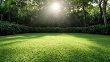 A green lawn with sunlight shining through it photo