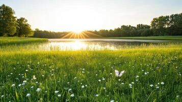 A field with grass and flowers and a pond at sunset photo