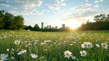 A field of white daisies in front of a city photo
