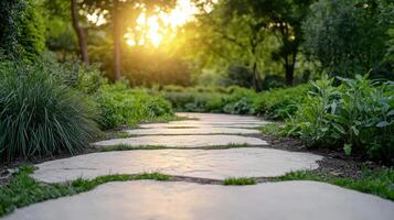 A stone path in a garden with trees and grass photo