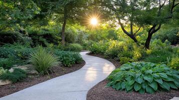 A pathway through a garden with trees and plants photo