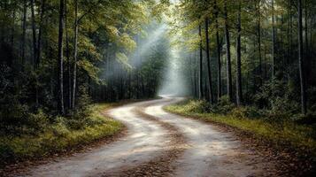 A dirt road in the woods with sunbeams shining down photo