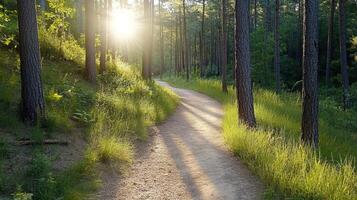 A path through a forest with sun shining through the trees photo