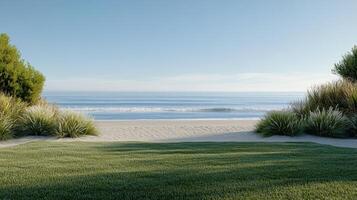 A grassy area with trees and bushes near the ocean photo