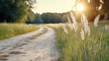 A dirt road with tall grass and a tree in the background photo