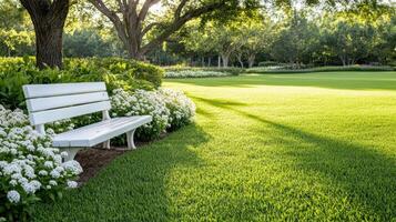 A white bench sitting in a grassy field photo