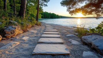 A stone path leads to the shore of a lake photo