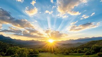 Sunset over mountains and valley photo