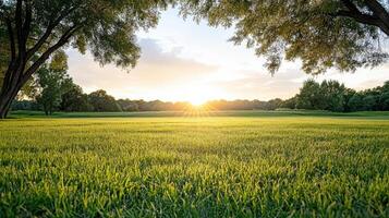 Green grass and trees in a field at sunset photo