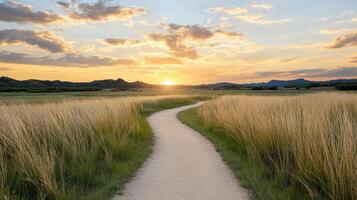 A path through a grassy field at sunset photo