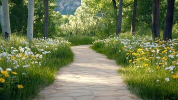 A path through a field of wild flowers photo