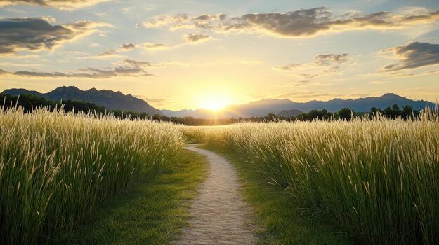 Path through a field of tall grass at sunset photo
