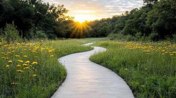 A pathway through a field with wildflowers photo