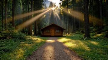A small cabin in the woods with sunlight shining down on it photo