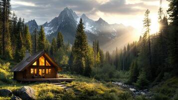 A cabin in the mountains with a stream and trees photo
