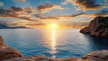The sun setting over the ocean in a rocky area photo