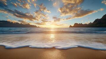 Sunset over the ocean with waves and mountains photo